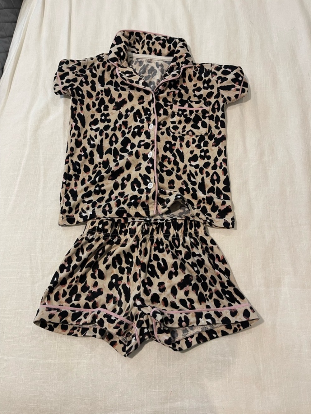 Tahari Leopard Print Short Pajama Set - Beige, Black, Pink Trim